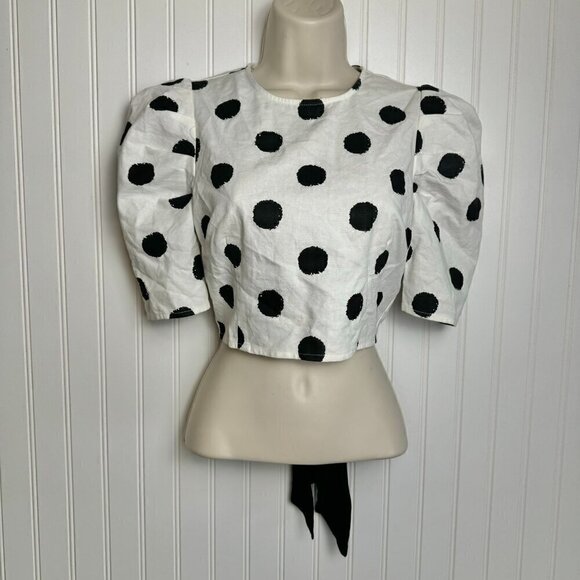 Idem Ditto black white polka dot back tie puff sleeve crop blouse size small - Picture 5 of 11